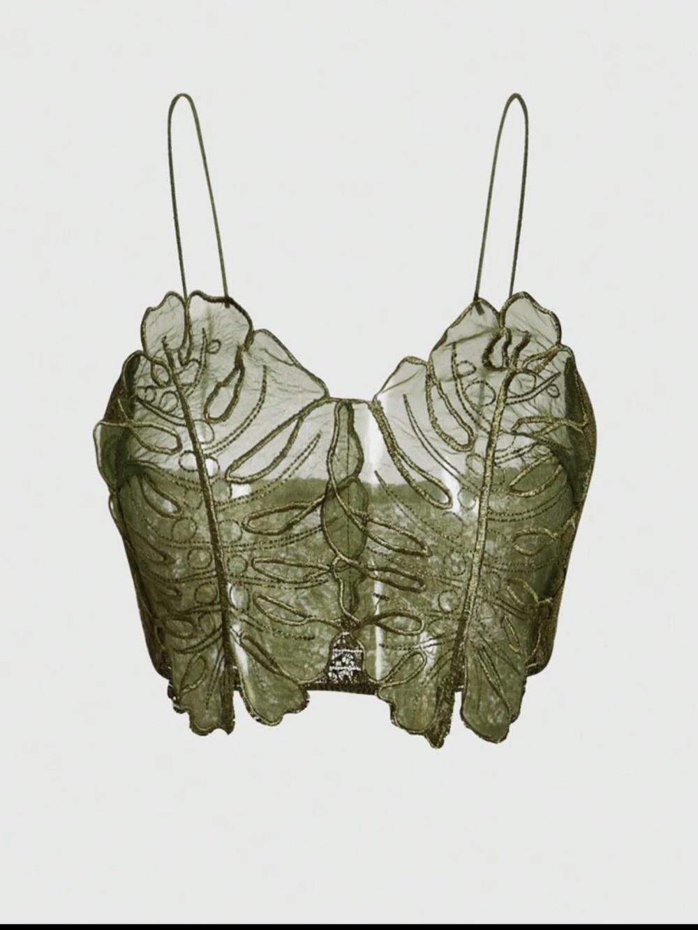 SHEIN Sheer Olive Green Embroidered Leaf Lace Cami